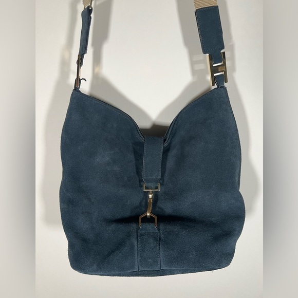 India Hicks Handbags - INDIA HICKS Edwina Hobo Slate blue suede soft bag designer retro